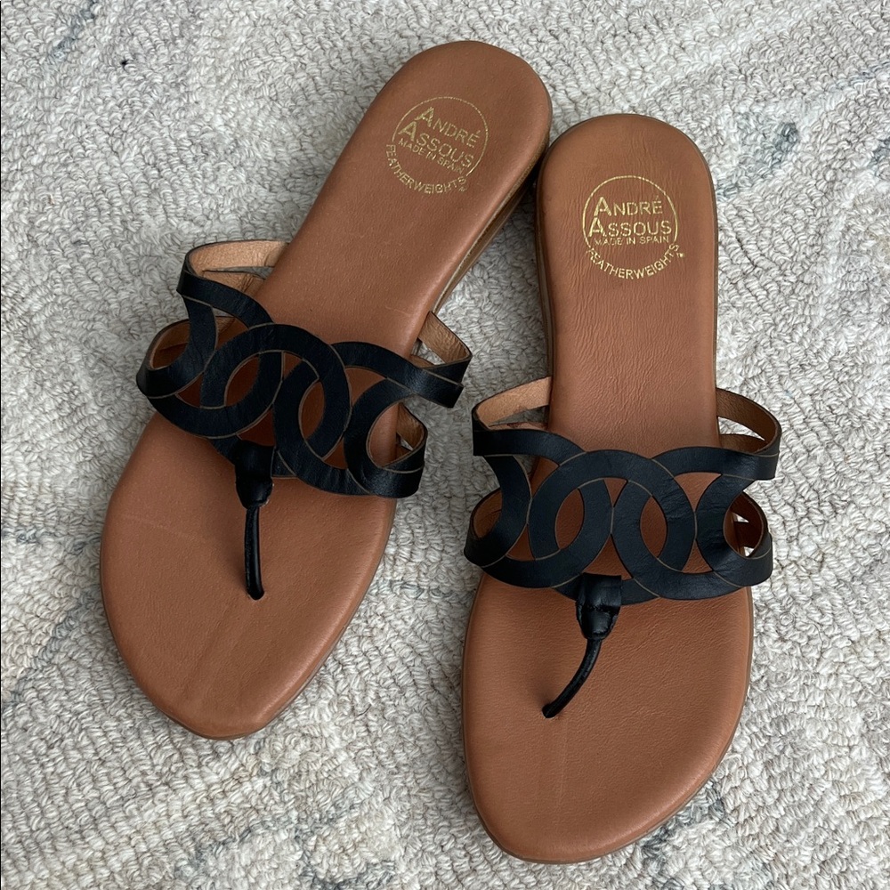 Andre Assous Nature Sandal / Black and Tan Leather Sandals Size 10